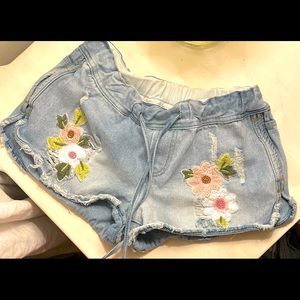 Sadie & Sage - Blue Denim Floral Embroidered Distressed Jean Shorts